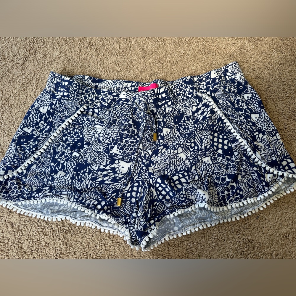Lilly Pulitzer Tropical Upstream Fish Challis Elastic Waist Pom Pom Shorts XL